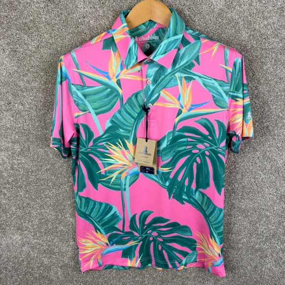 Chubbies‎ The Birds Of Paradise Performance Polo Men's Small Pink Tropical NEW - Picture 5 of 8